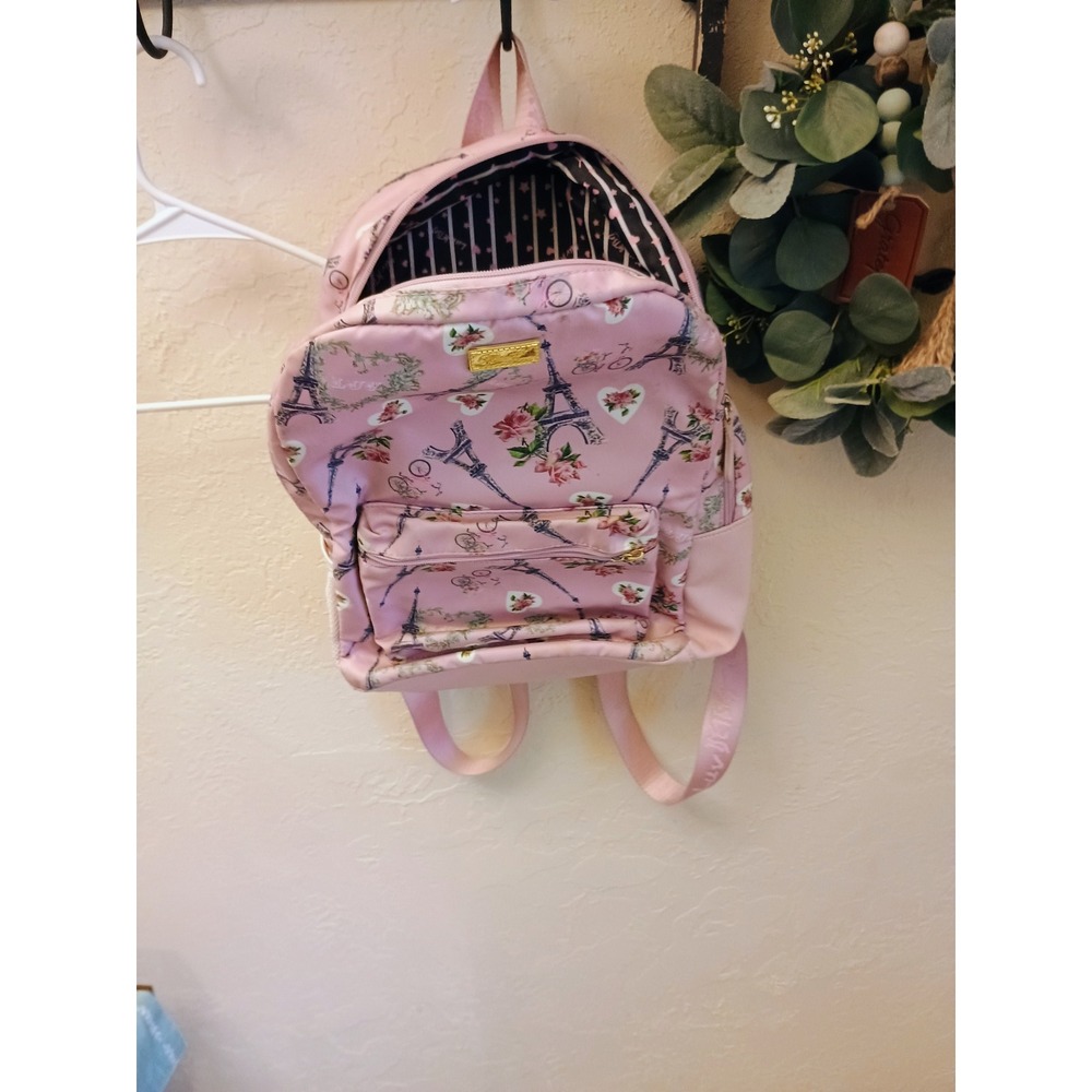 Luv Betsey Johnson Pink Paris Eiffel Tower Floral Mini Backpack Gold Hardware